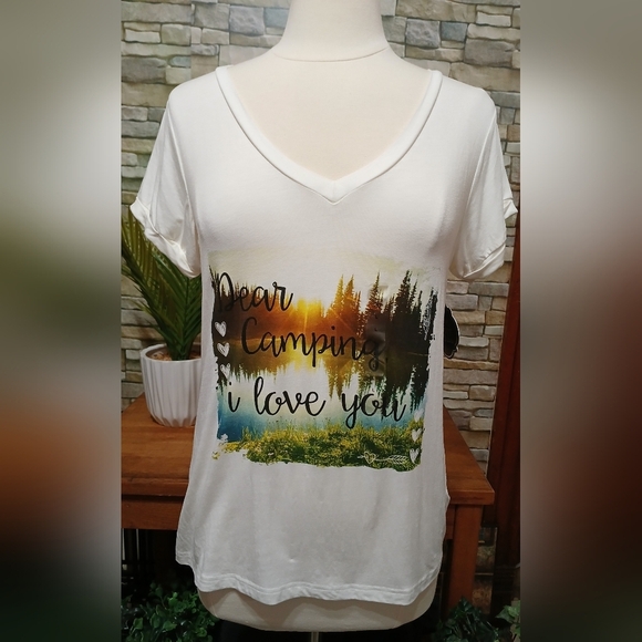 Electric Pink Large White Graphic Tee with Nature Print Love Camping - Picture 2 of 5